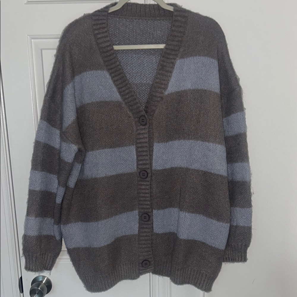 Cozy Striped Cardigan - Blue and Gray